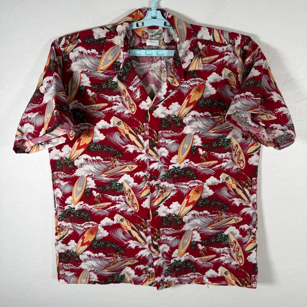 Hilo Hattie Hawaiian Shirt Mens Large Red Surfboard Surfer Wave Aloha Cotton Vtg